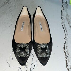 EUC Manolo Blahnik Hangisiflat black satin jewel buckle flats size 40.5